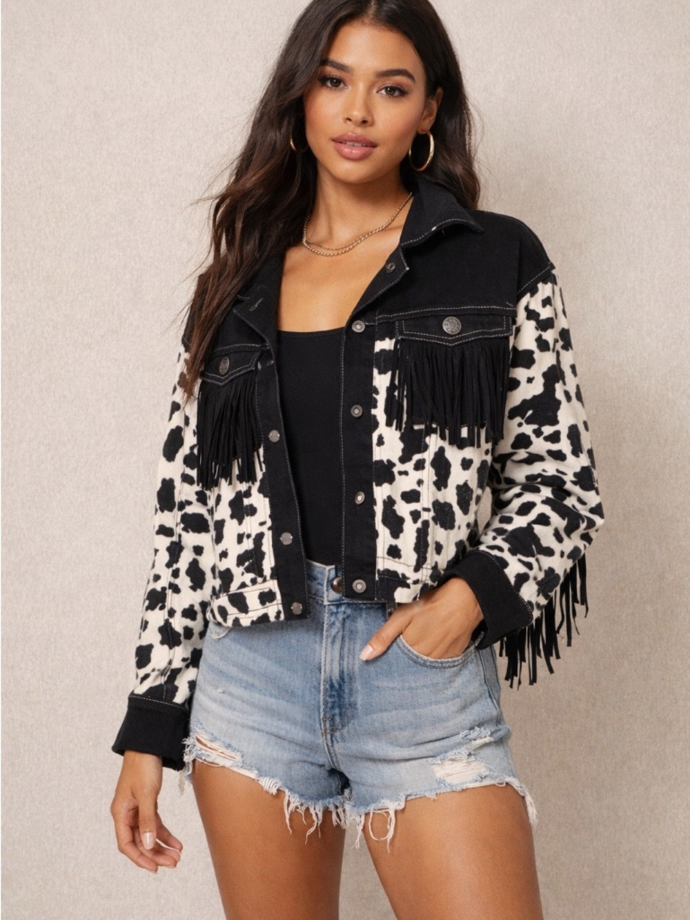 Spirit Black & White Cow Print Fringe Denim Jacket